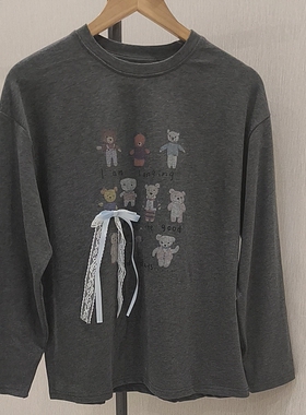 韩版宽松显瘦百搭圆领卫衣女休闲上衣蕾丝小熊卡通棉T恤秋冬