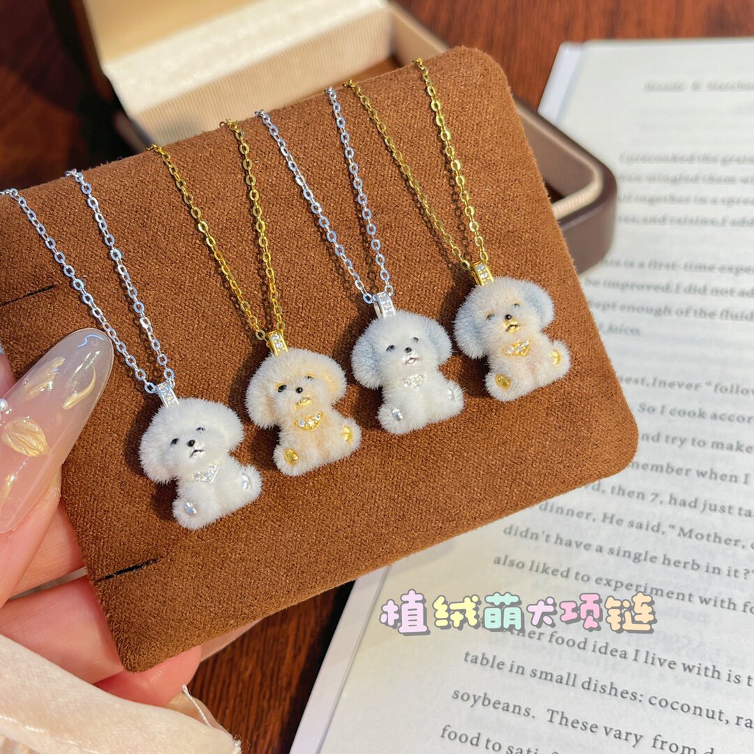 s925纯银植绒小狗吊坠锁骨链女甜美可爱颈链时尚通勤百搭款