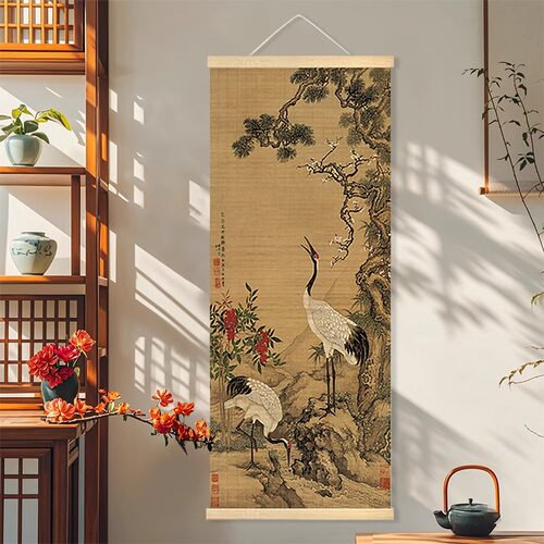 中式复古风竹帘挂画客厅玄关装饰画茶室背景墙壁竖版挂画字画国画