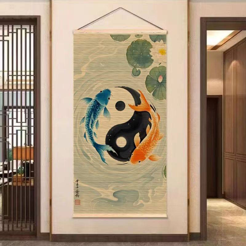 锦鲤八卦图竹编工艺画民宿客厅茶室挂墙装饰竹帘挂画免打孔中国风,家居饰品,现代装饰画,淘宝优惠券,粉丝福利购,淘宝优惠卷