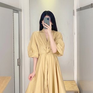 女裝 通勤 連衣裙24年夏新款 極簡(jiǎn)CDDILY杏色赫本風(fēng)顯瘦氣質(zhì)復(fù)古法式