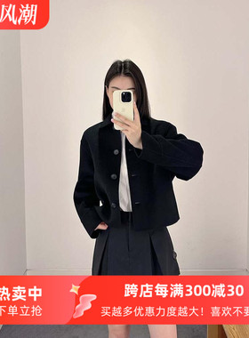 极简风休闲标准版短款纽扣毛呢黑色上衣25春季新cosniu女短外套