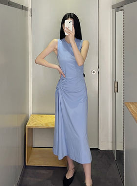 极简cosniu风浅蓝色色法式砍袖宽松鱼骨褶长款25年夏新款女装连衣