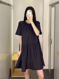 通勤简约气质落肩 极简COS风宽松版 型A字连衣裙藏青色夏季 新品 女装