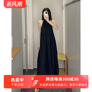 极简COS风休闲版型挂脖缩褶A字黑色无袖长裙25夏季新通勤女连衣裙