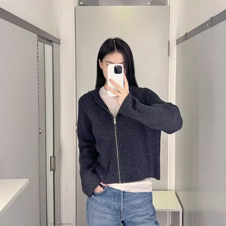 羊毛拉链连帽开衫深灰色