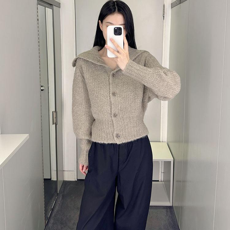 灰色粗针开衫大翻领小众