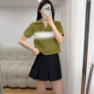 极简风标准版型混纺Polo短袖针织衫绿色毛衣秋装新款宽松温柔上衣