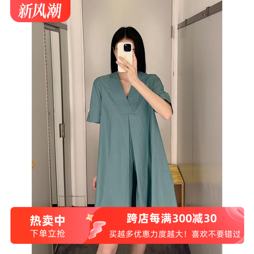 通勤A字纯色V领褶裥T恤连衣裙