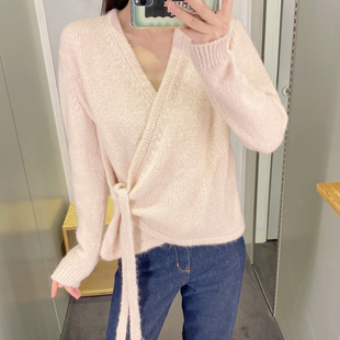极简cosniu风粉色V领羊毛围裹系带针织开襟衫毛衣外套秋季新款女