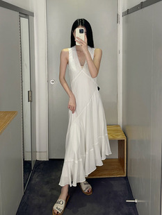 新款 极简COS风标准版 型V领不对称白色无袖 长裙24夏季 通勤女连衣裙