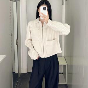 极简COS风奶油色口袋拉链长袖工装夹克羊毛粗针外套上衣女装通勤