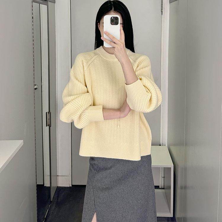极简通勤风黄色羊毛针织衫女长袖