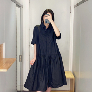 极简cddily中袖 黑色显瘦褶皱中腰通勤衬衫 连衣裙25春新款 通勤女装