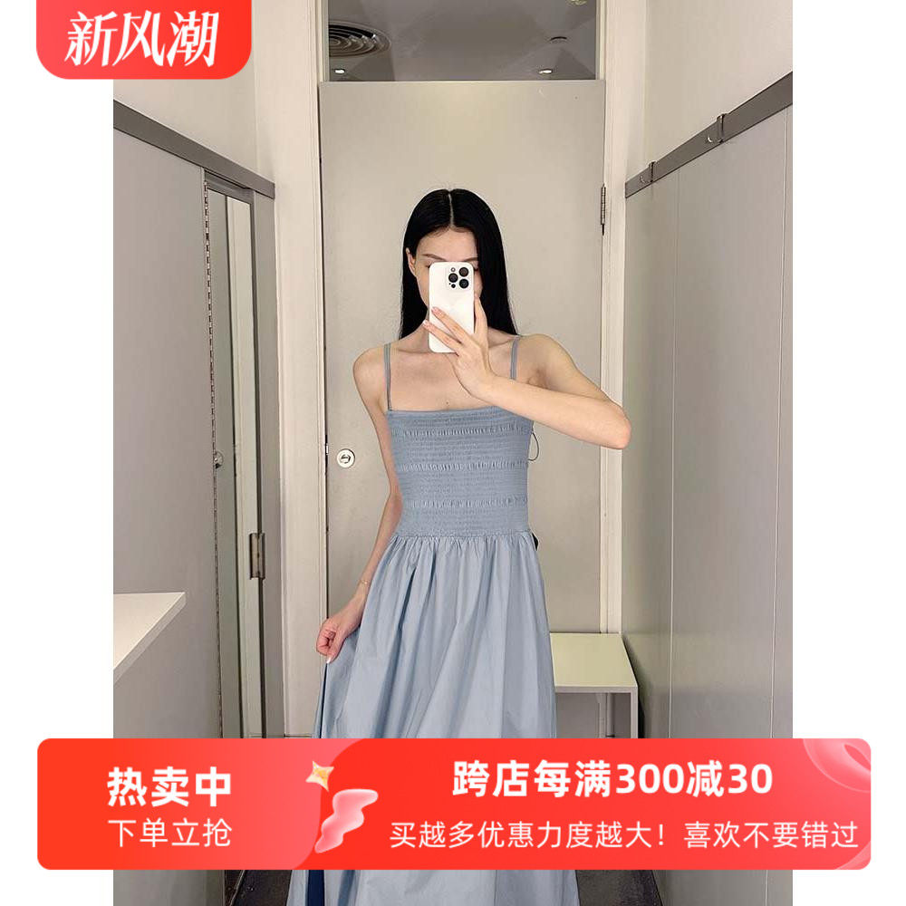 通勤A字纯色吊带无袖缩褶连衣裙