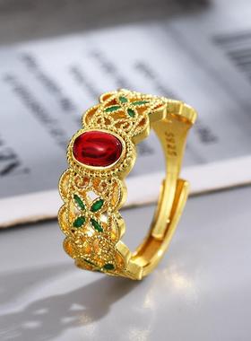新款中式花丝仿天然红玉髓戒指开口可调指环复古宫廷风轻奢手饰女