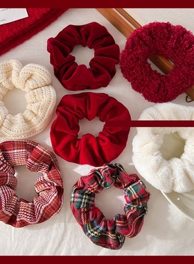 新年红色系毛绒大肠发圈扎头发耐用皮筋女丸子头发饰简约气质发绳