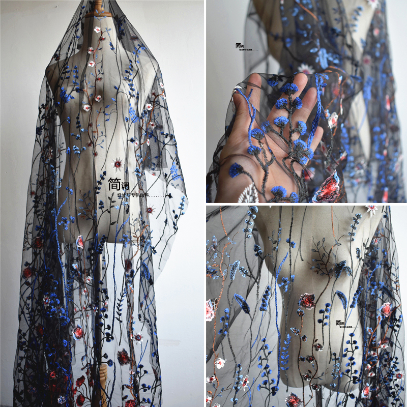 3D立体重工海草花朵刺绣蕾丝羽毛网纱服装连衣裙婚纱拍摄背景布料