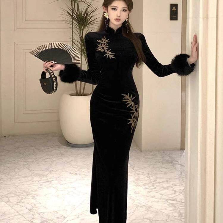 新中式国风旗袍气质长袖黑色丝绒连衣裙女秋冬性感包臀长裙子礼服