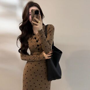 时尚 修身 性感新款 春季 显瘦印花蝴蝶结连衣裙裙子 长袖 2026法式