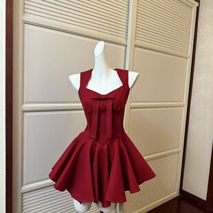 玫瑰人生 收腰连衣裙贝微微红裙 四米裙摆公主裙蝴蝶结千金感无袖