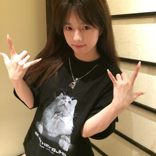 T恤女新款 一只猫花短袖 重磅230克双纱纯棉精梳紧密 上衣 推荐