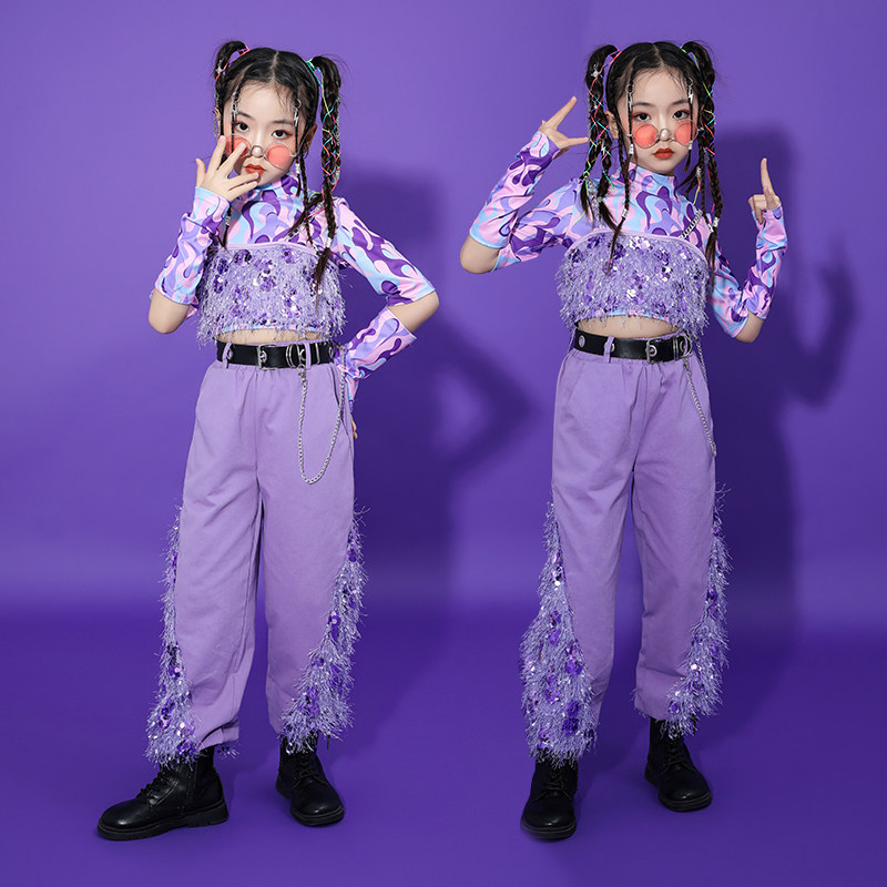 爵士舞服装女孩时髦亮片套装小学生露脐嘻哈街舞演出服舞台走秀服