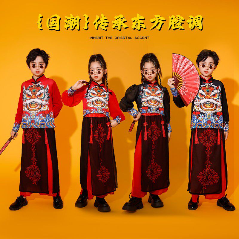 元旦女童旗袍中国风服东方醒狮子戏曲元素国潮男童打鼓表演服新款