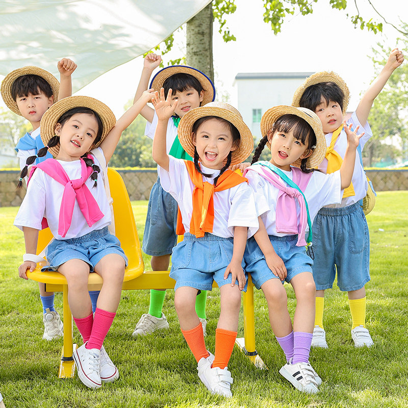 幼儿园活动亲子装毕业照团体演出服小学生糖果色披肩牛仔短裤套装