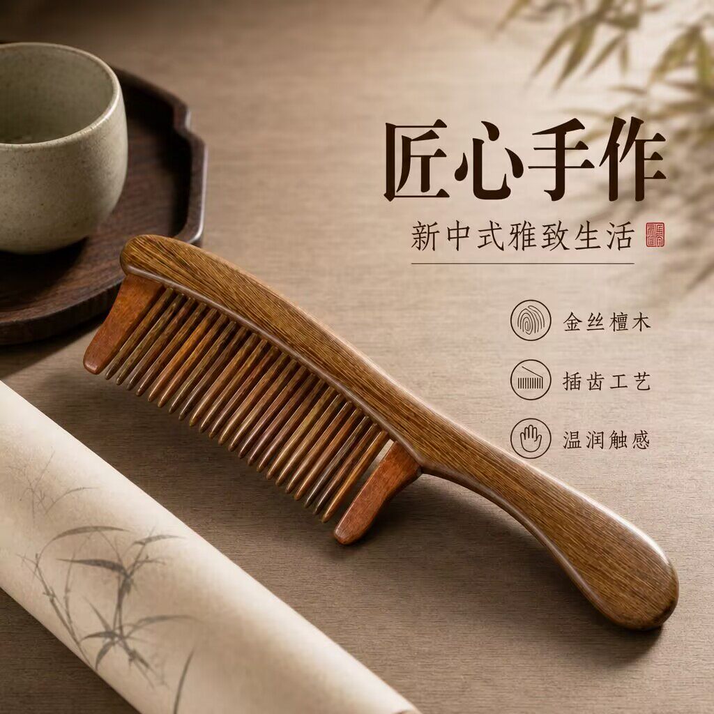 天然金丝檀木梳子防静电护发