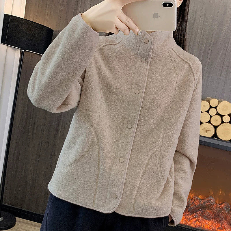 摇粒绒抓绒衣女加绒加厚立领外套纽扣开衫妈妈装居家服装休闲卫衣