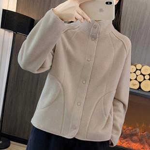 摇粒绒抓绒衣女加绒加厚立领外套纽扣开衫妈妈装居家服装休闲卫衣