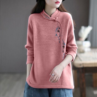 双面德绒新中式国风女装加绒刺绣宽松显瘦上衣冬季加厚遮肚打底衫