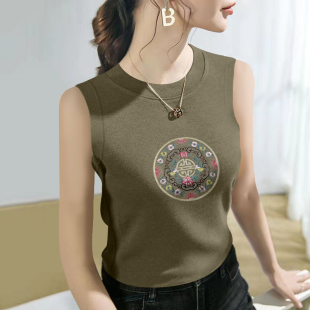 百搭无袖 圆领印花内搭t恤2024新款 打底 莫代尔棉背心女夏季 新中式