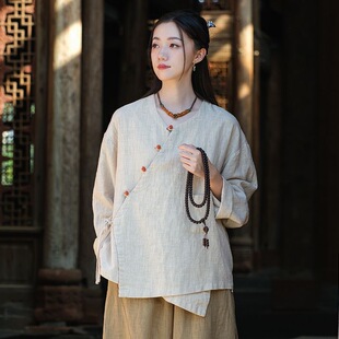 新中式国风女装复古斜襟盘扣长袖上衣秋季新款文艺棉麻意茶服开衫