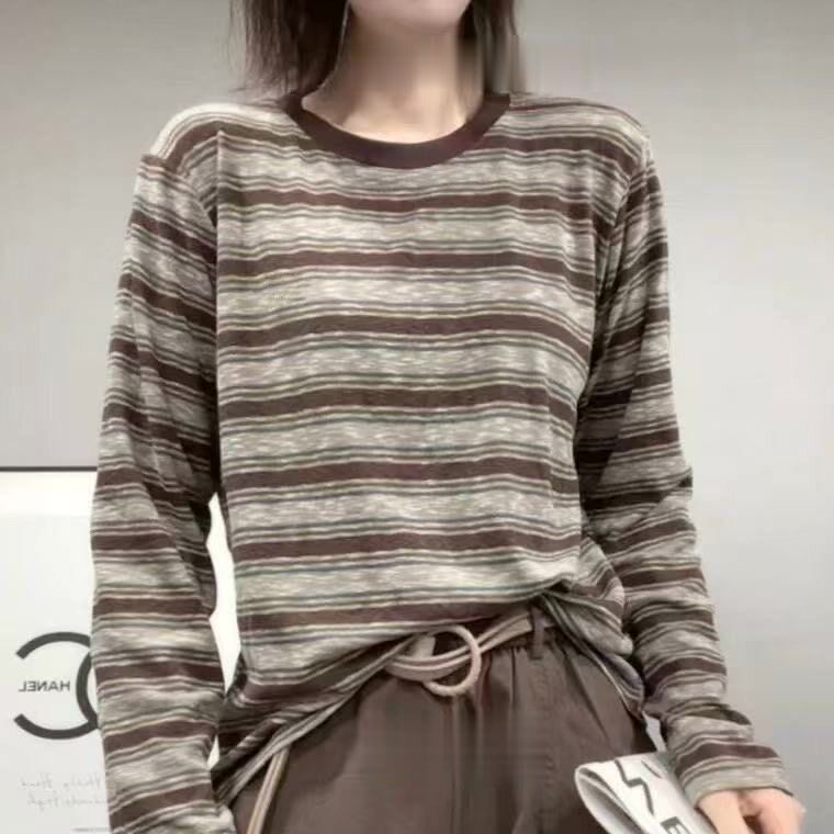 纯棉长袖条纹上衣女2026新款韩版圆领百搭打底衫秋季薄款休闲t恤