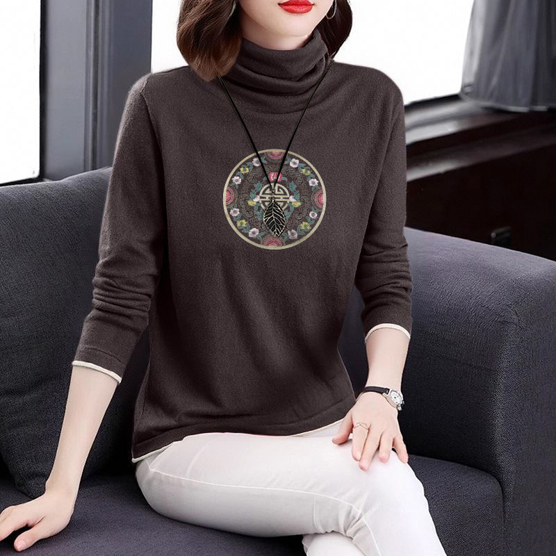 加绒加厚中式印花体恤女磨毛德绒高领内搭打底衫冬季长袖保暖上衣