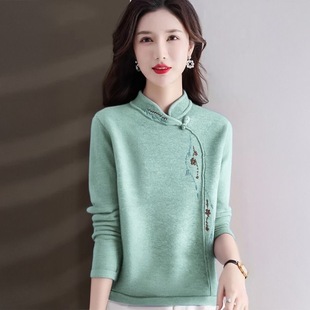 民族风绣花加绒长袖t恤女新中式德绒刺绣上衣国风加厚遮肚子小衫