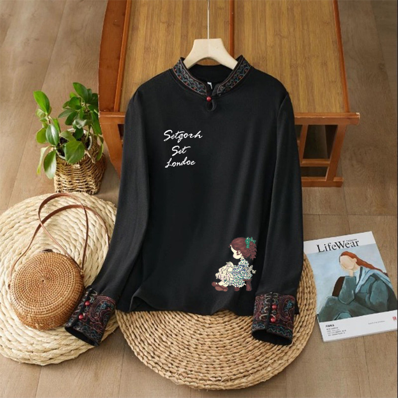 磨毛德绒立领印花上衣女冬季国风刺绣内搭打底衫复古遮肉加绒体恤,女装/女士精品,T恤,淘宝优惠券,粉丝福利购,淘宝优惠卷