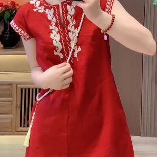 2025新款中国风红色连衣裙女新中式短袖薄款中裙夏季复古宽松裙子