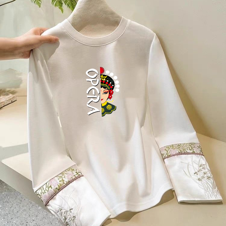 2025新款长袖内搭打底衫女春纯棉圆领刺绣体恤新中式宽松印花上衣