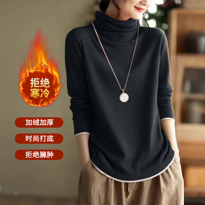 加绒加厚韩版高领上衣女冬季撞色大码显瘦T恤德绒遮肚时尚打底衫