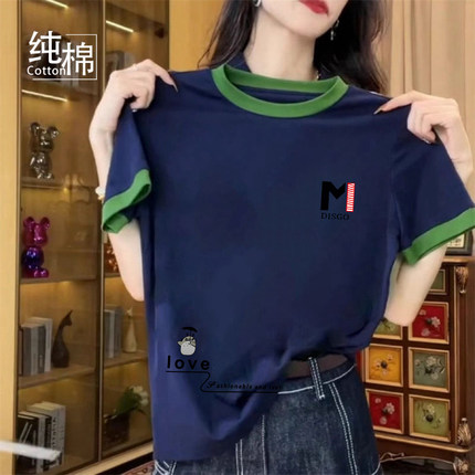 夏季薄款宽松短袖打底衫女纯棉圆领拼色大码上衣2024新款印花t恤