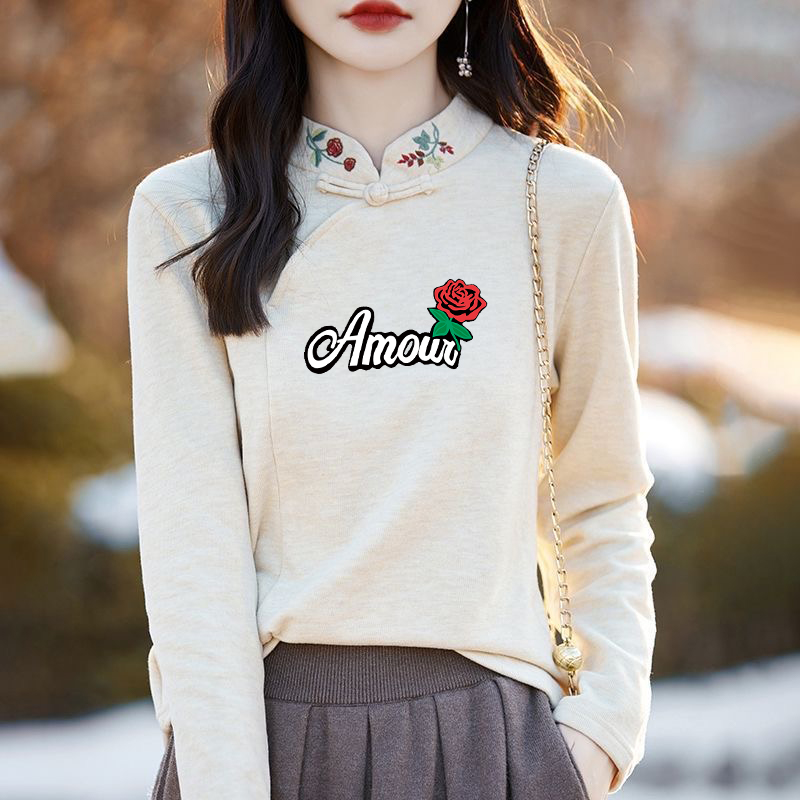 中国风立领加绒内搭上衣女新中式加厚刺绣t恤德绒印花长袖打底衫