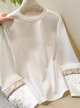 新中式国风打底衫女2025新款圆领刺绣上衣纯棉复古长袖内搭t恤衫