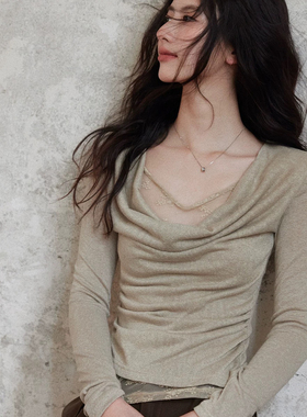 Simida斯密达-26年早春假两件荡领拼接蕾丝上衣长袖T恤M2040#