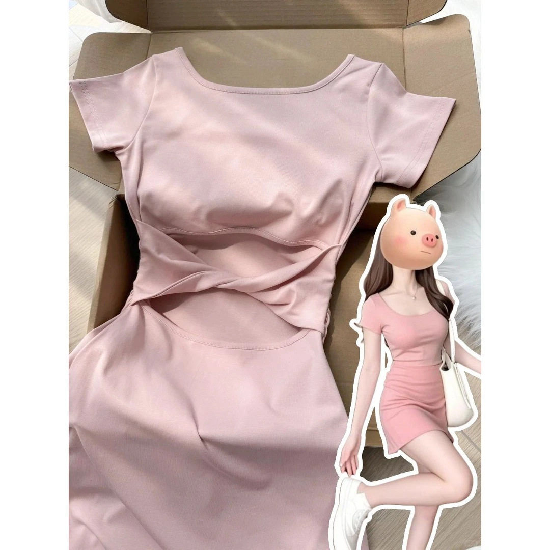 粉色小个子短袖连衣裙女夏季修身连衣裙高腰a字连衣裙短款度假风