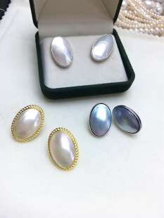 赫本风纯银椭圆蓝色海水马贝珍珠耳钉戒指复古经典耳饰女精工镶嵌