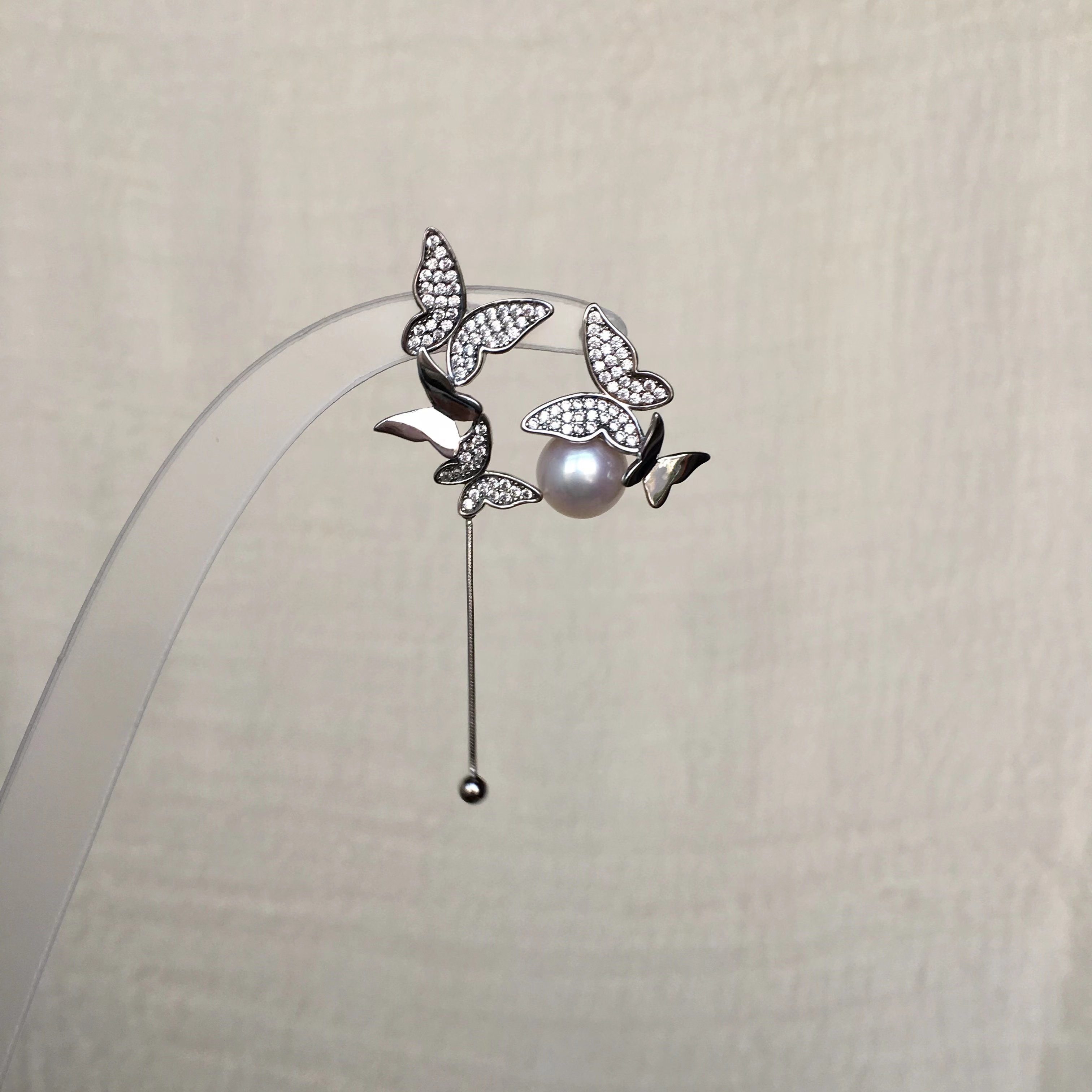 蝴蝶耳环925纯银天然珍珠耳钉AB