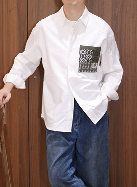 Extfine秋季新款老钱风简约高级感针织拼接口袋衬衫男长袖宽松版